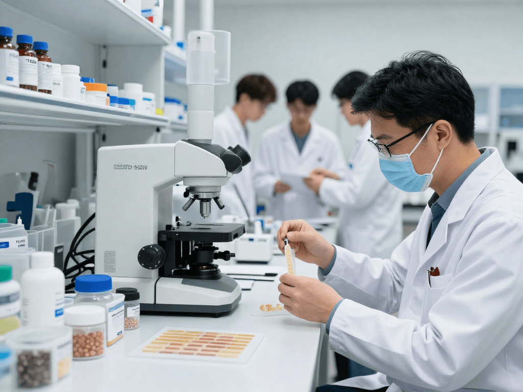 Researcher demonstrating TB 500 benefits in a modern lab setting while formulating innovative buccal strips.