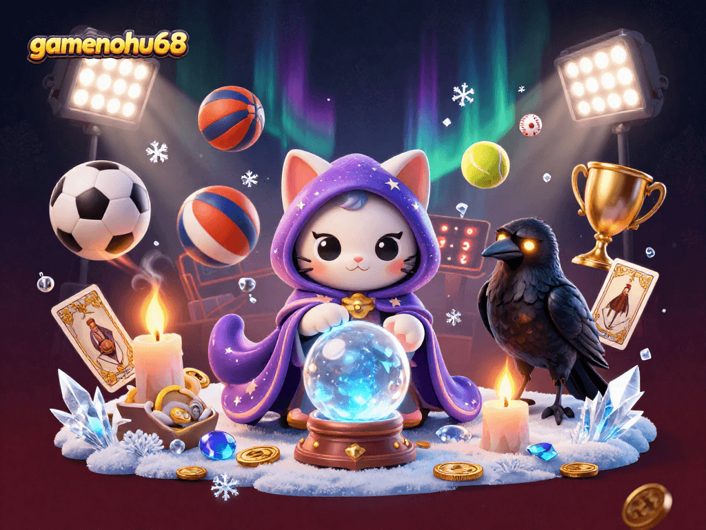 Get ready to win big with gamenohu68, showcasing a mystical cat, glowing raven, and dynamic sports elements!