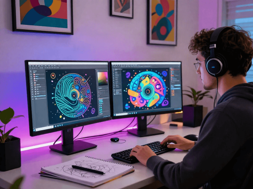 AI porn art creation scene with vibrant visuals and modern technology