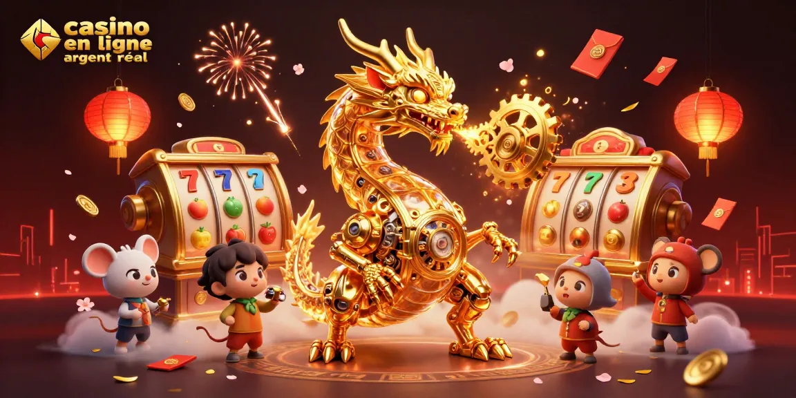 Casino en ligne argent réel : Illustration dynamique de machine à sous avec un dragon doré et des éléments traditionnels.
