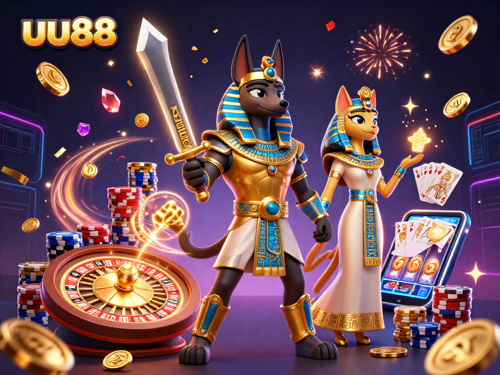 uu88 features thrilling gameplay with Anubis and Bastet amid dynamic casino elements.
