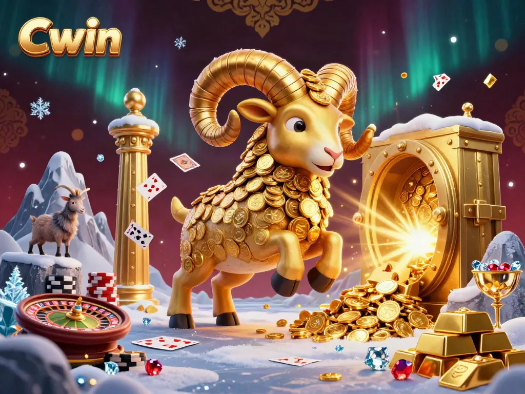 Cwin's live casino experience with a golden ram charging through a symbolic treasure vault, embodying excitement and riches.