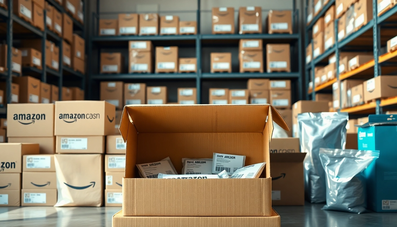 Showcasing Amazon FBA Packaging solutions with organized boxes and branded bags in a professional setting.