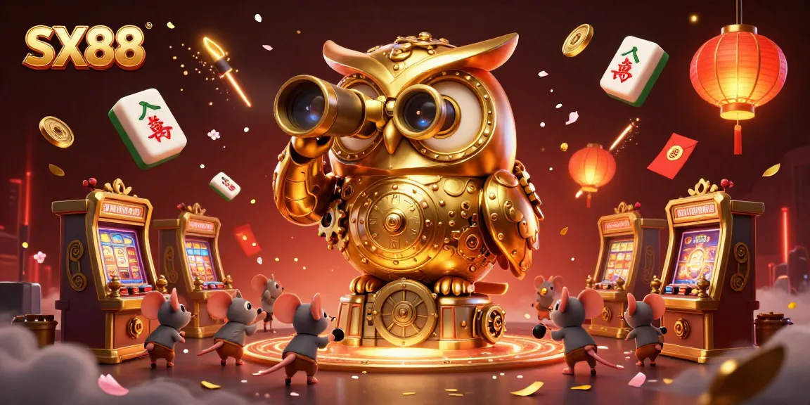 SX88 offers thrilling casino experiences as a golden owl oversees the busy gaming floor filled with detailed elements.