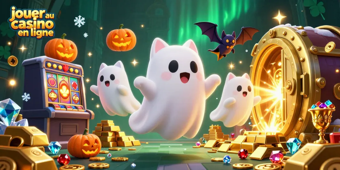 Jouer au casino en ligne avec un chat fantôme et une chauve-souris dans un décor de casino animé.