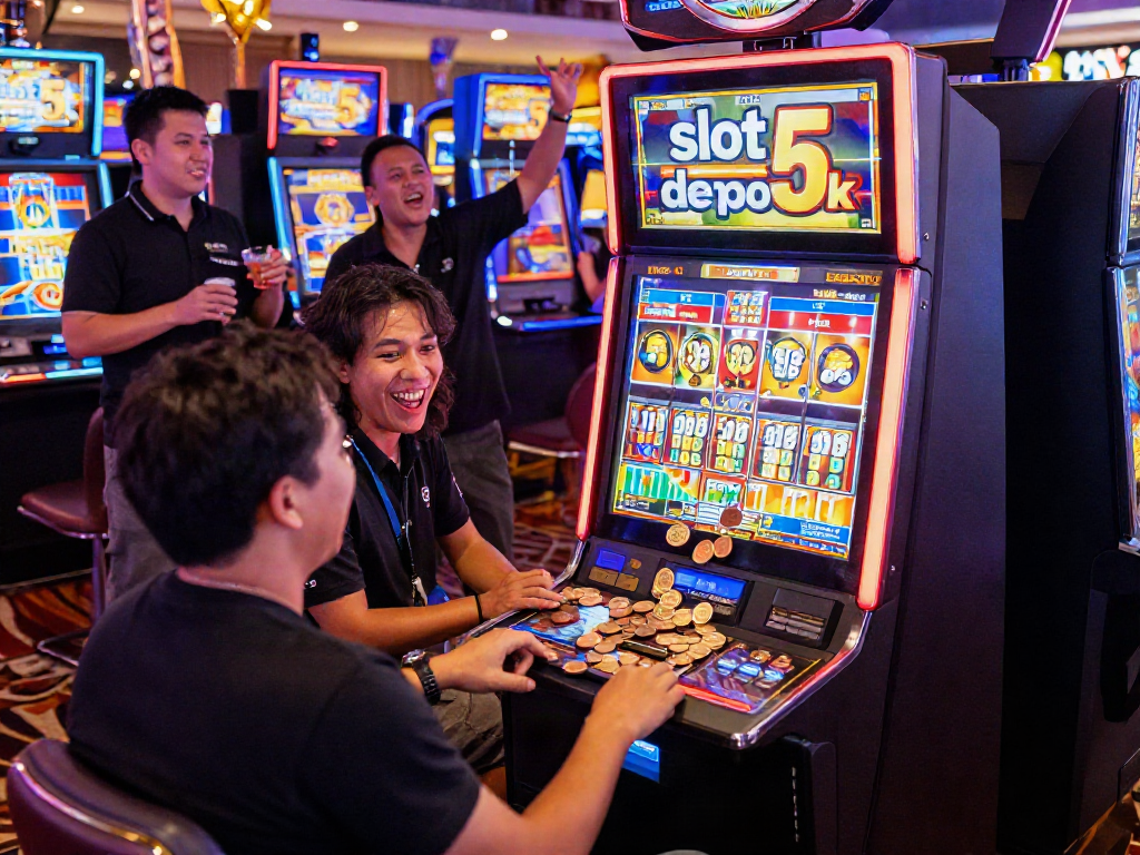 Players celebrating a big win at a slot depo 5k machine in a lively casino.