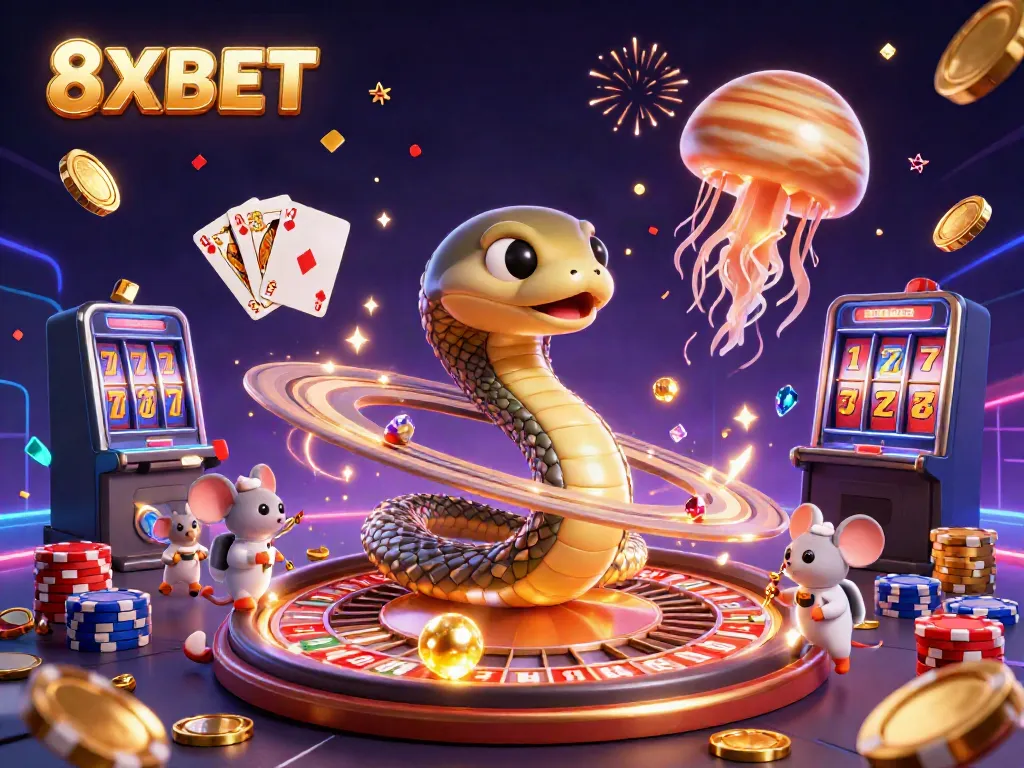 Engage with 8XBET's vibrant gameplay scene featuring a cosmic roulette and animated betting mice.