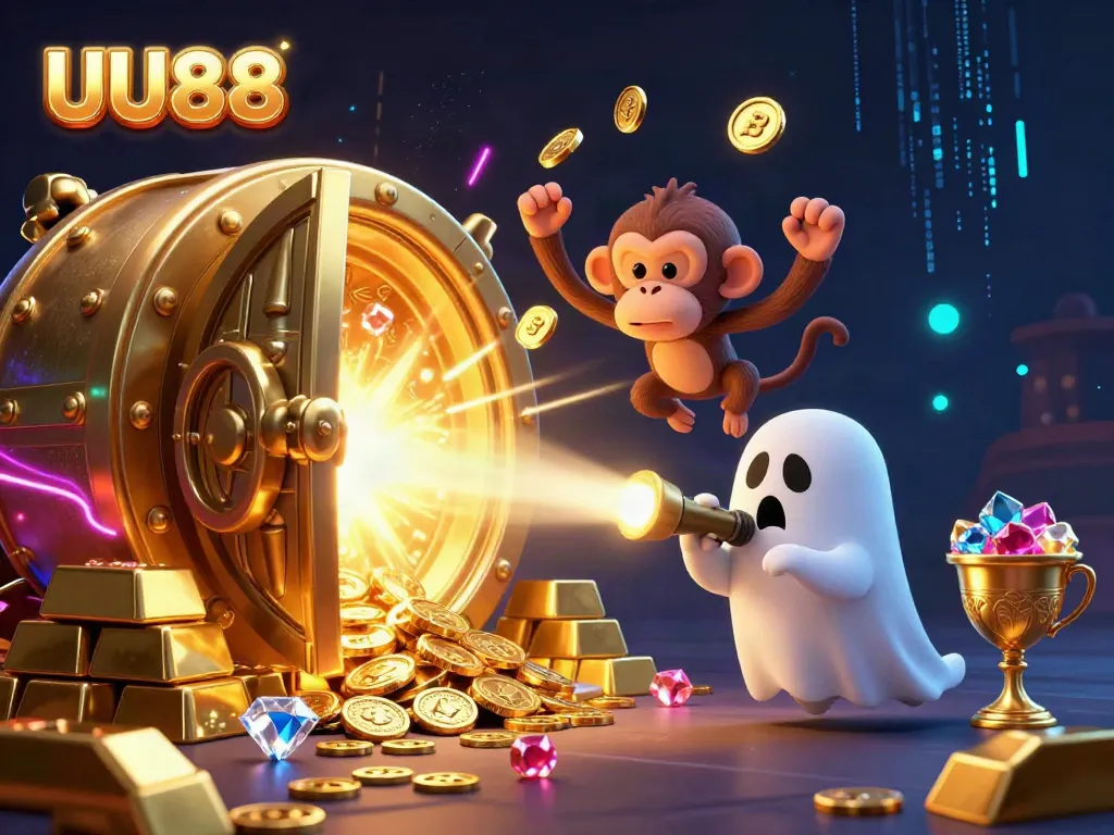 Experience exciting gambling with UU88 as a mischievous monkey juggles golden treasures in a haunted casino.