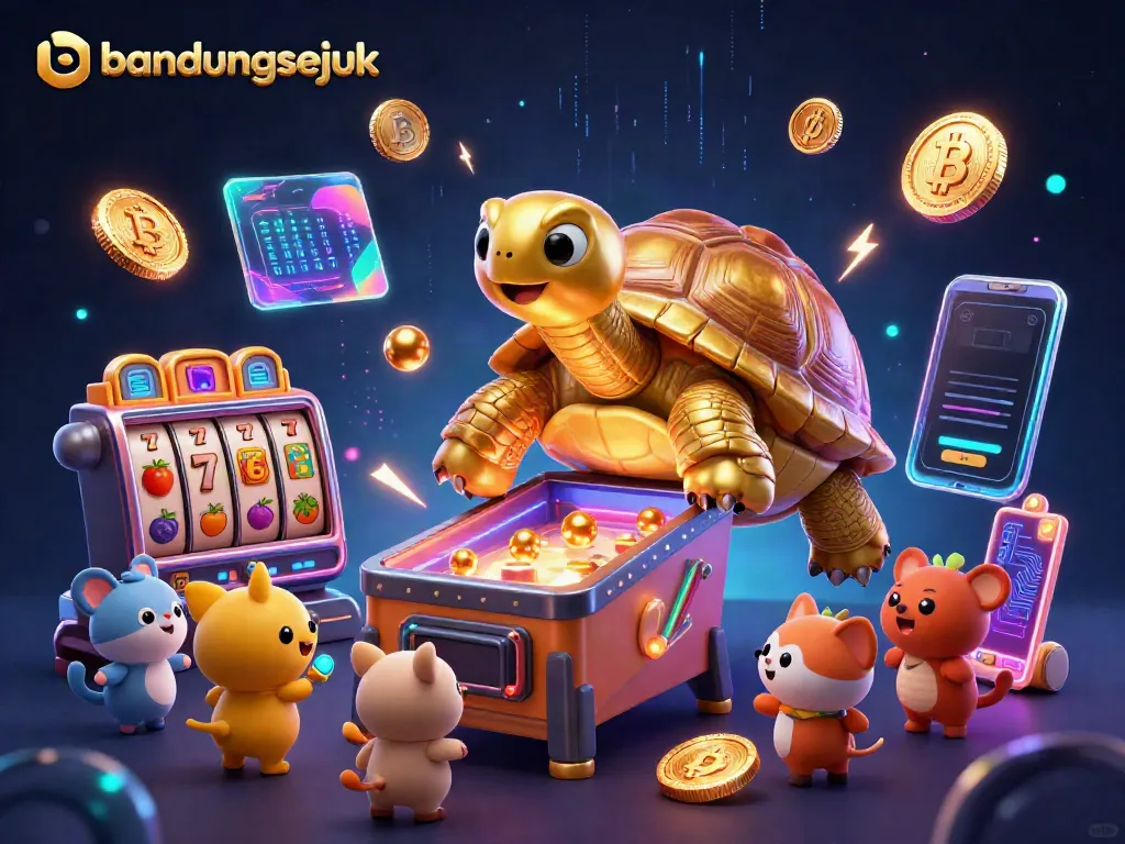 Experience bandungsejuk where lucky players engage with a vibrant casino scene filled with golden tortoises and slot games.