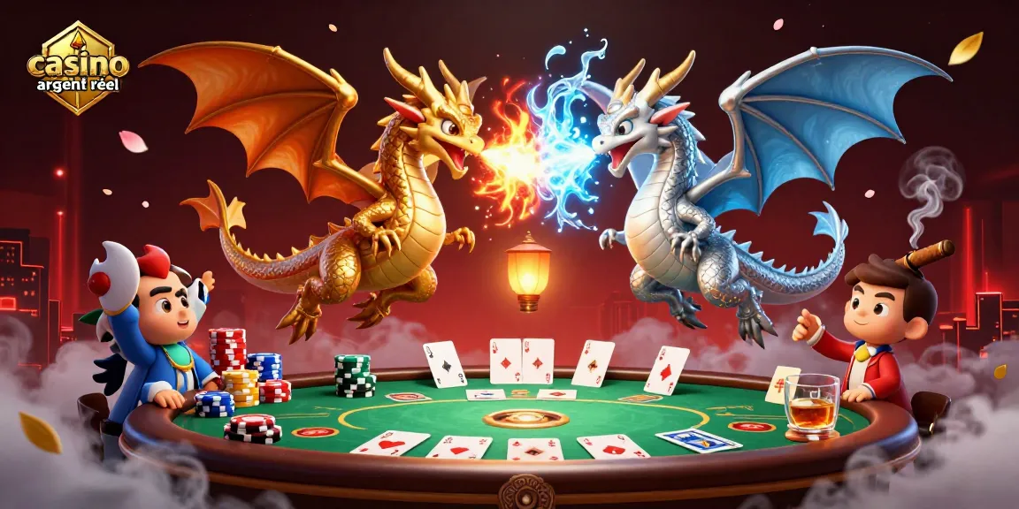 Illustration captivante de dragons en vol autour d'éléments de poker, représentant un casino en ligne argent réel.