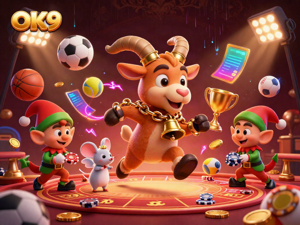 Experience the thrilling world of OK9, where festive characters engage in dynamic casino action.