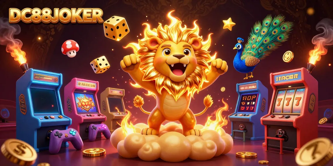 Play slots and win with DC88JOKER's thrilling cartoon illustration of a roaring sun lion and golden dice.