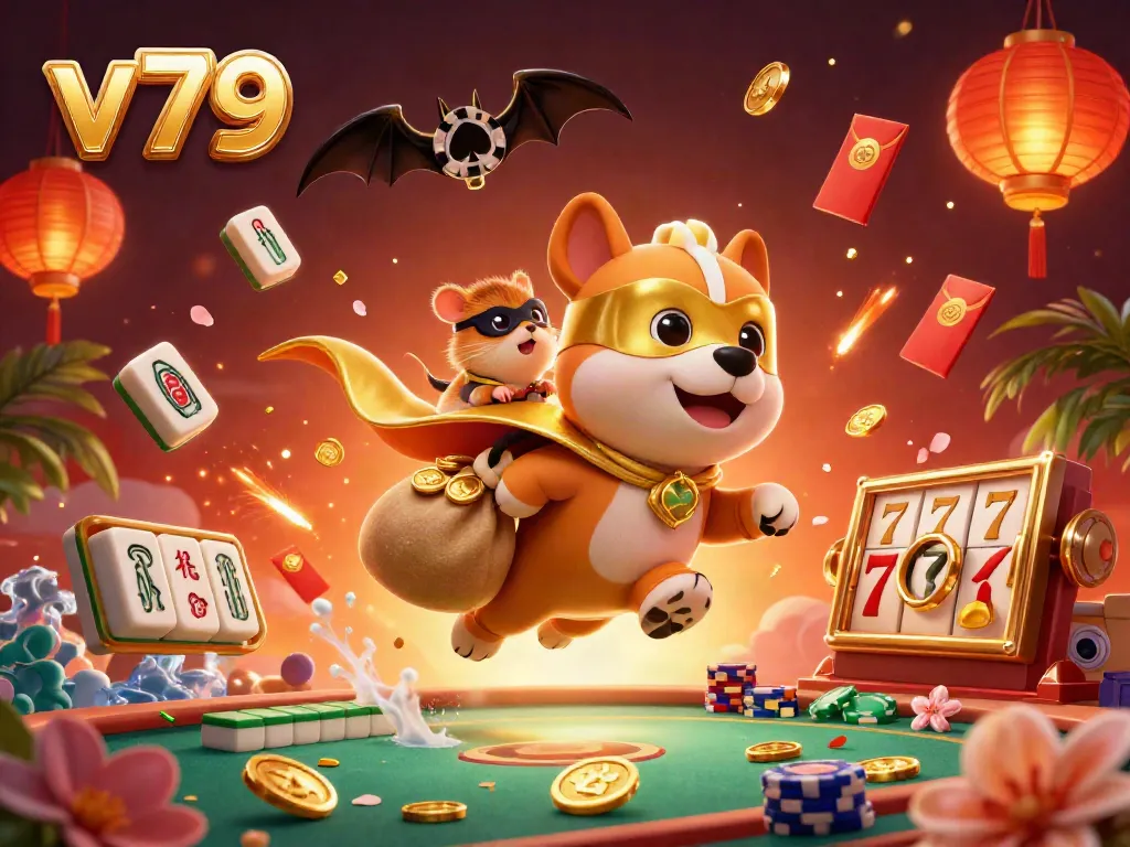 Experience the vibrant energy of v79 with a dynamic 3D casino-themed illustration featuring a superhero dog and engaging elements like poker chips and gold coins.