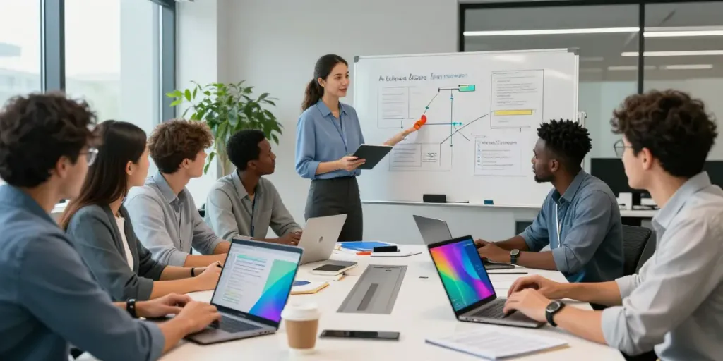 Team collaborating on azure cloud management services in a modern office.