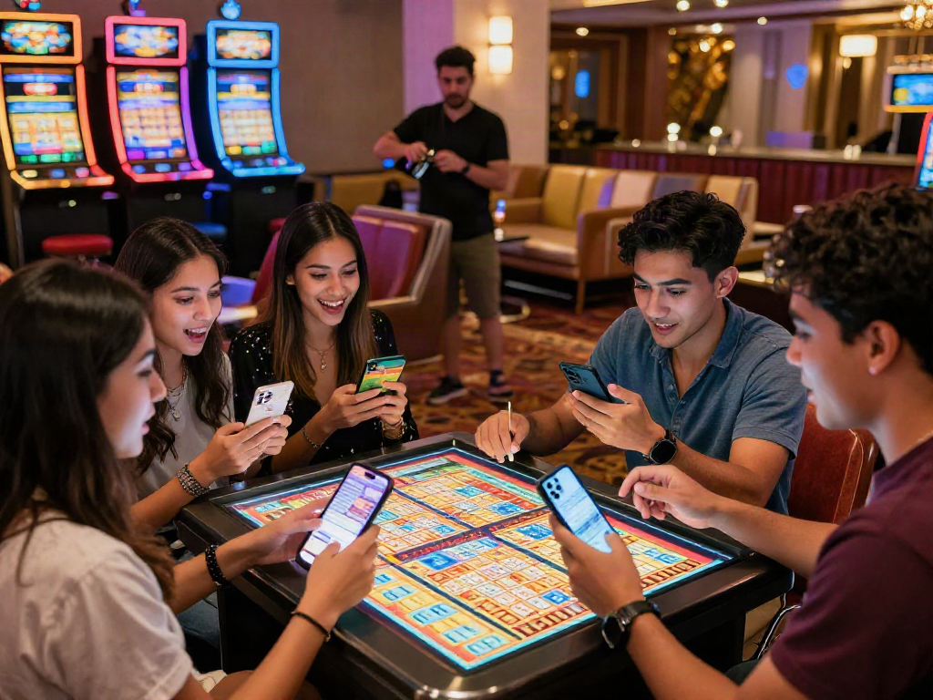 Group excitedly checking situs togel tickets at a colorful casino kiosk.