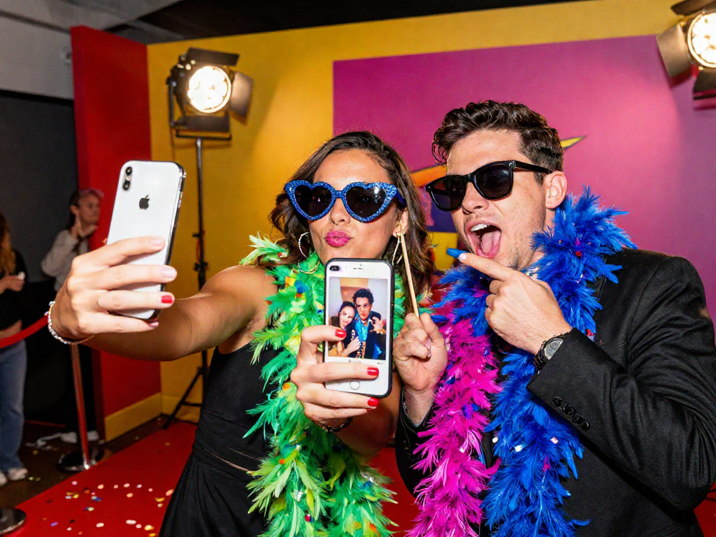 Friends using a celebrity look alike app in a lively photo booth.