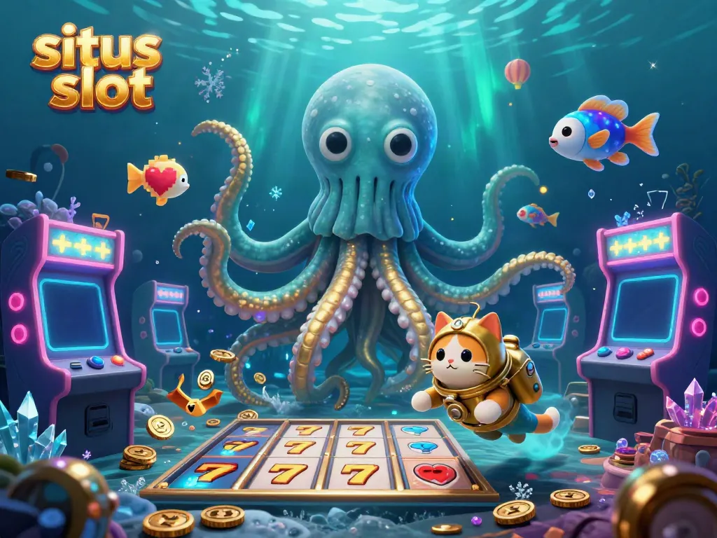 Situs slot themed illustration showcasing a colossal kraken, diving cat, and glowing arcade elements in a vibrant aquatic setting.