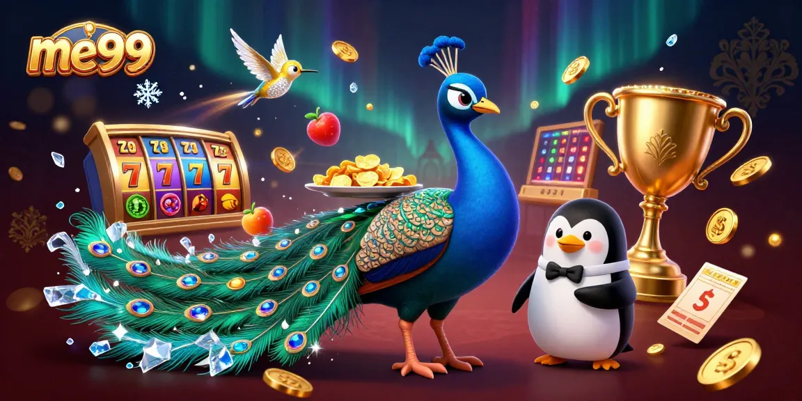 Experience the excitement of me99 casino with vibrant 3D graphics featuring a majestic peacock and stunning slots.