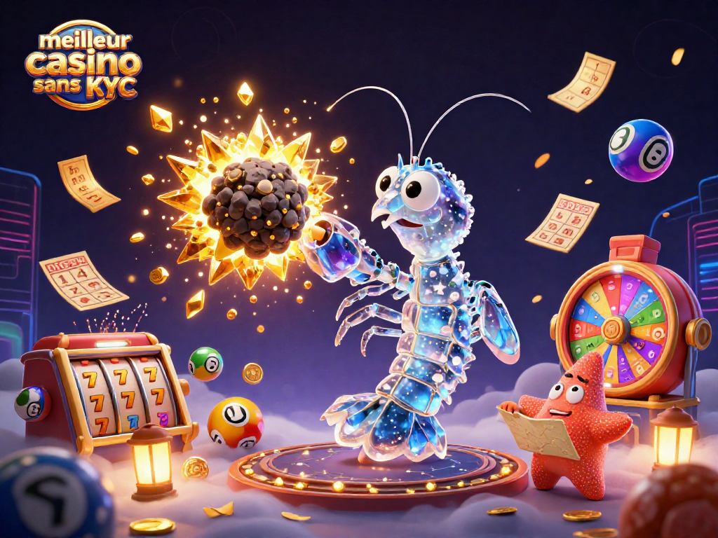 Illustration dynamique d'un samouraï mantis shrimp galactique en 3D et d'une étoile de mer dans un casino en ligne, mettant en avant le meilleur casino sans KYC