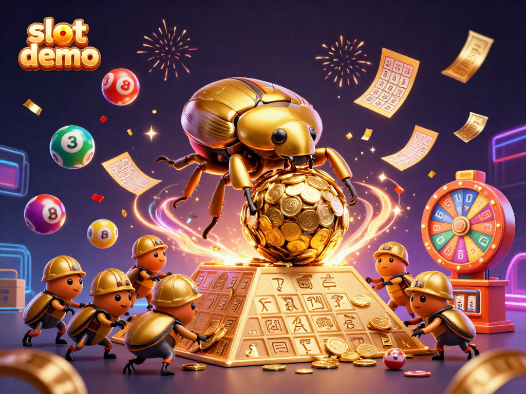 Slot demo menarik dengan kumbang emas dan permainan kasino terbang di latar belakang.