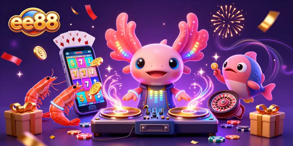 Engage with the thrill of ee88 through a vibrant 3D casino scene featuring a neon DJ and lively sea creatures.