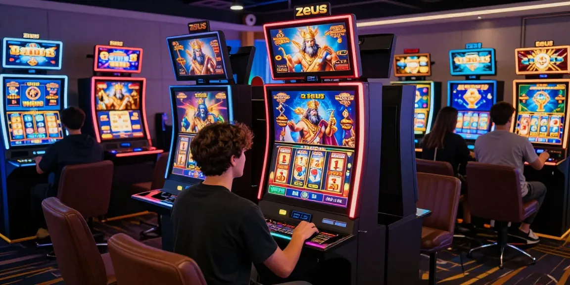 Exciting online gaming atmosphere with players enjoying slot zeus machines in a modern casino.