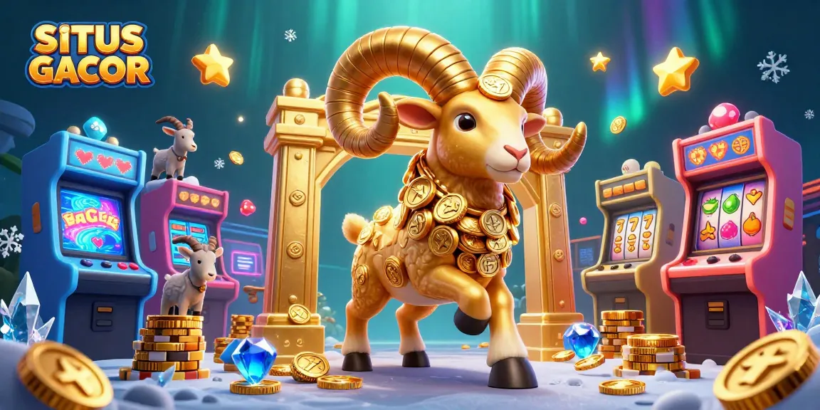 SITUS GACOR attracts players with golden ram and a vibrant casino scene featuring slot symbols.