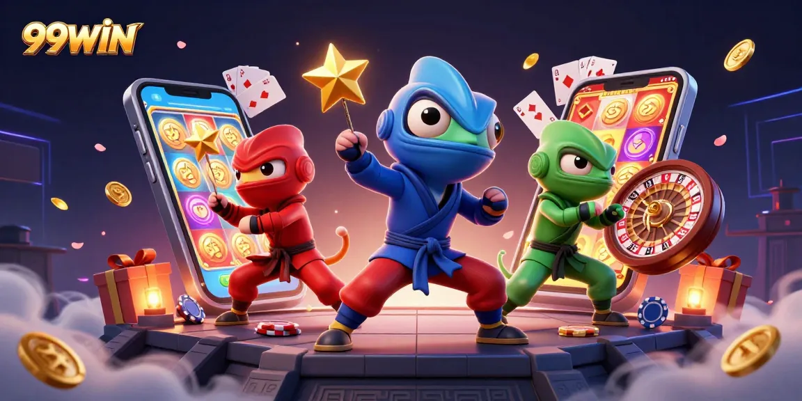 Experience vibrant gaming excitement with 99WIN as chameleons show off martial arts amidst dynamic slot elements.