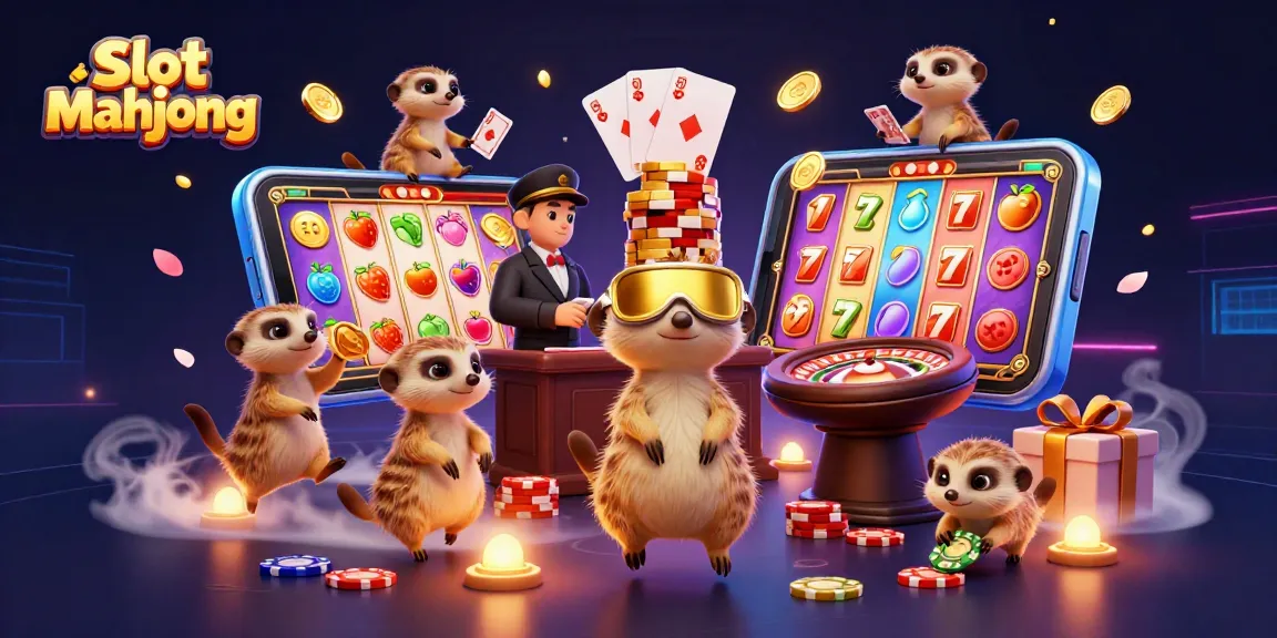 Mainkan slot mahjong dengan meerkat dalam operasi kasino yang ramai, menampilkan banyak elemen permainan.