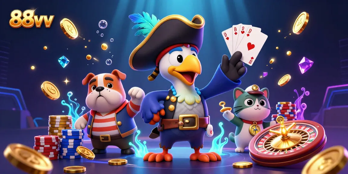 Engage with exciting 88vv casino visuals featuring vibrant characters, money, and gaming elements.