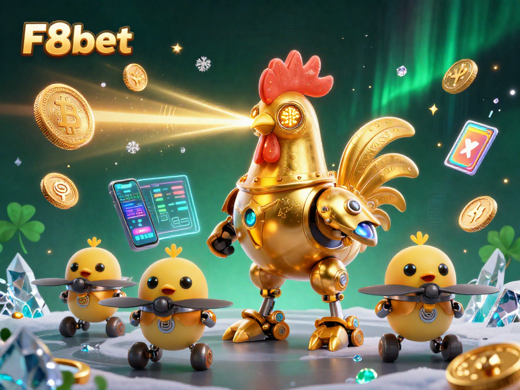 Experience F8bet's vibrant casino world with a futuristic golden rooster robot and baby chick drones!