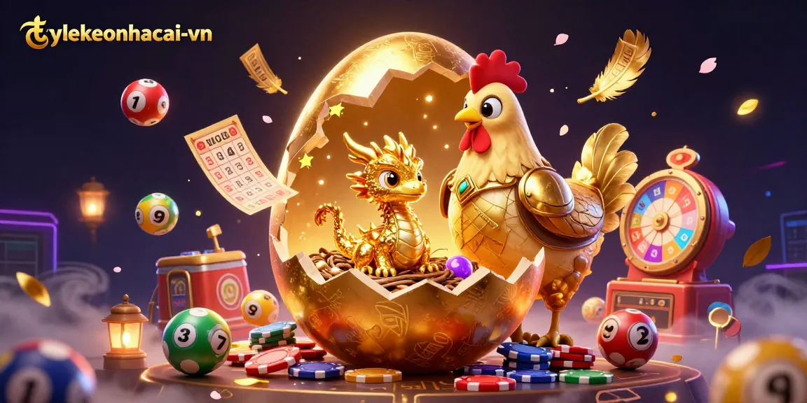 Experience the magic of tylekeonhacai-vn with the captivating golden egg dragon scene surrounded by dynamic lottery elements.