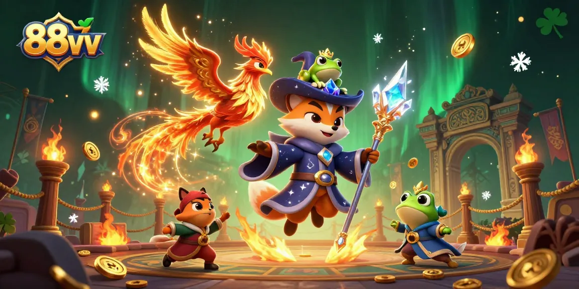Engage with 88vv's enchanting casino world through a vibrant 3D illustration featuring magical characters and gaming elements.