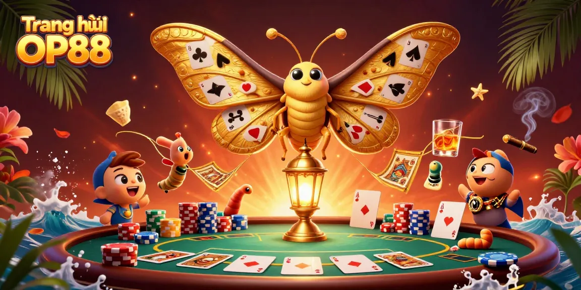 Engage with Trang chủ OP88 featuring a cartoon atlas moth and vibrant casino elements in a lively scene.