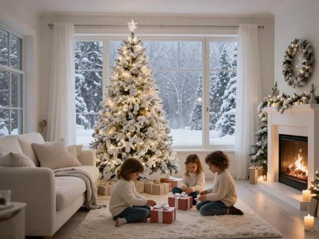 Christmas tree with white decorations in a cozy winter living room, adorned with silver and gold ornaments.