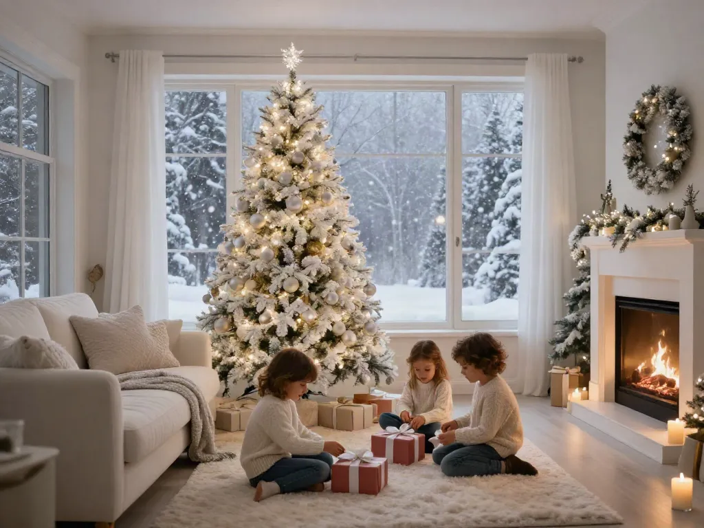 Christmas tree with white decorations in a cozy winter living room, adorned with silver and gold ornaments.