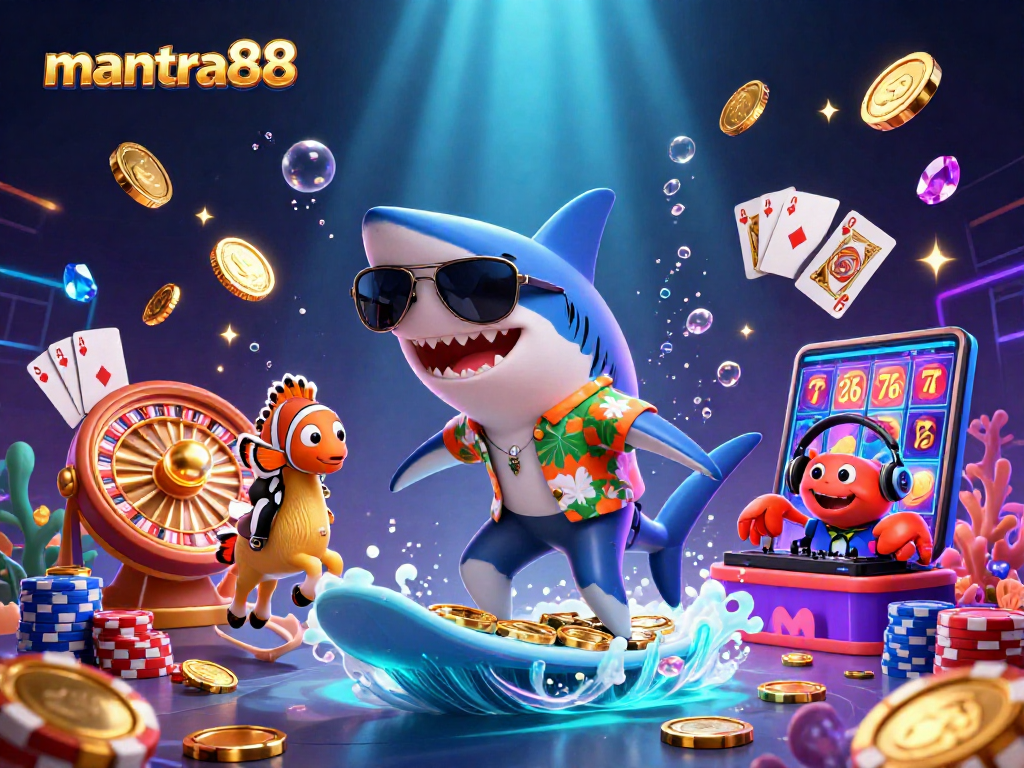 Immerse in mantra88's vibrant casino illustration featuring a shark surfer among gold coins.