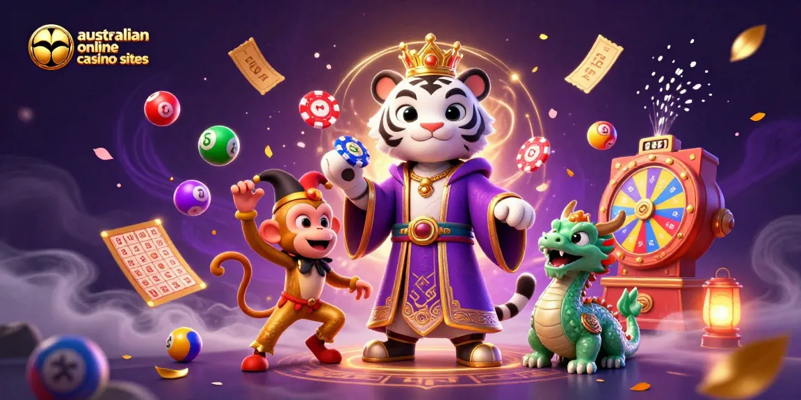Engaging visual of australian online casino sites featuring a white tiger and playful characters amidst dynamic game elements.