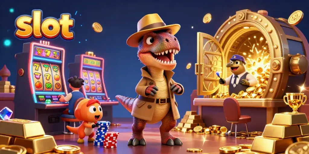 Raptor menipu di mesin slot, harta berkilau di sekitarnya, slot bersinar menanti kemenangan