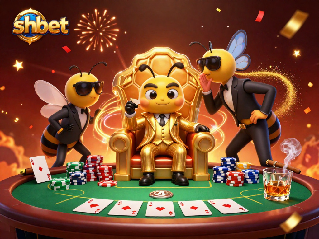Join the action at SHBET with a vibrant 3D casino scene featuring poker and lavish gameplay elements.