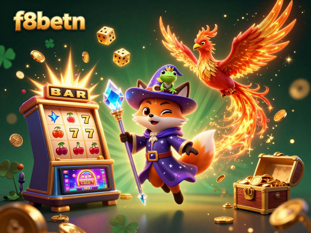 Experience thrilling gaming adventure at f8betn with a mystical wizard, phoenix, and slot machines.