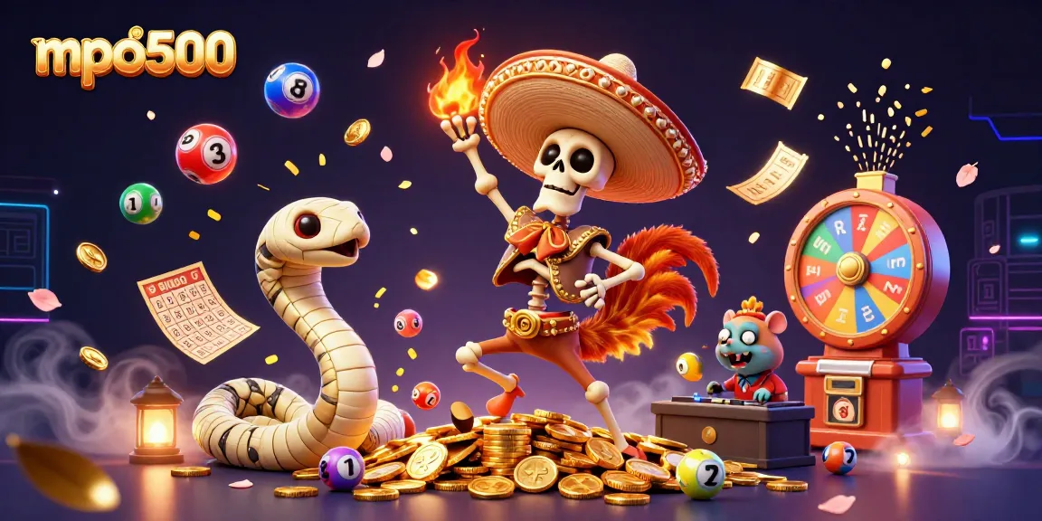 MPO500 celebrates winners with a lively scene featuring characters surrounded by lottery balls, creating enjoyment and excitement.