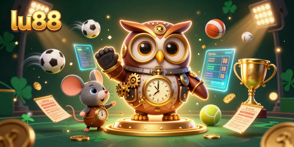 Experience immersive gaming at lu88 with a vibrant illustrated scene of an owl in steampunk gear, casino elements, and dynamic sports imagery.