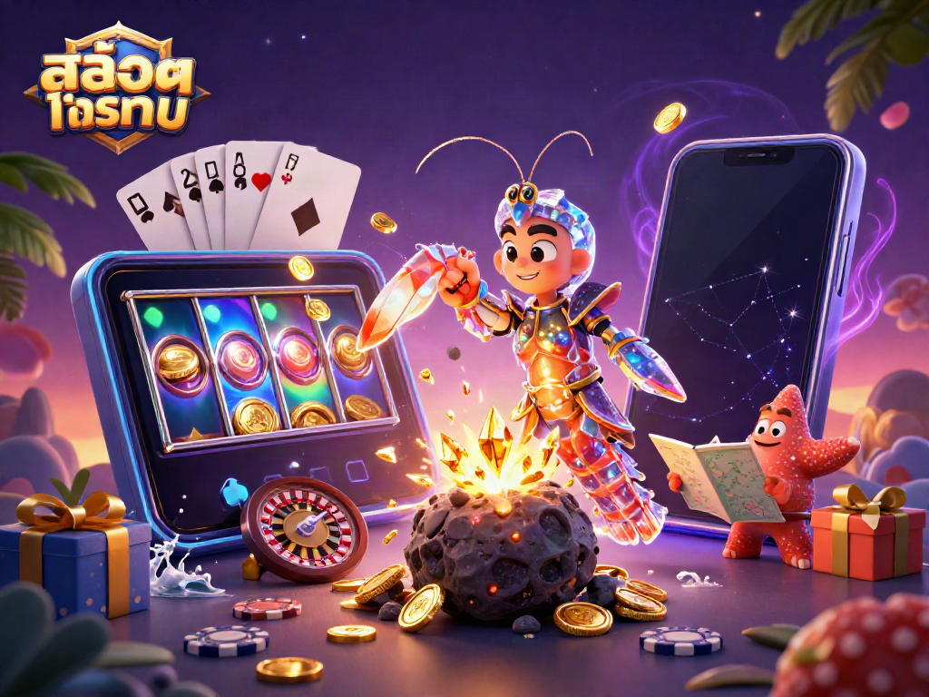 Experience สล็อตทดลอง with vibrant characters and slot games bursting with gems and coins.