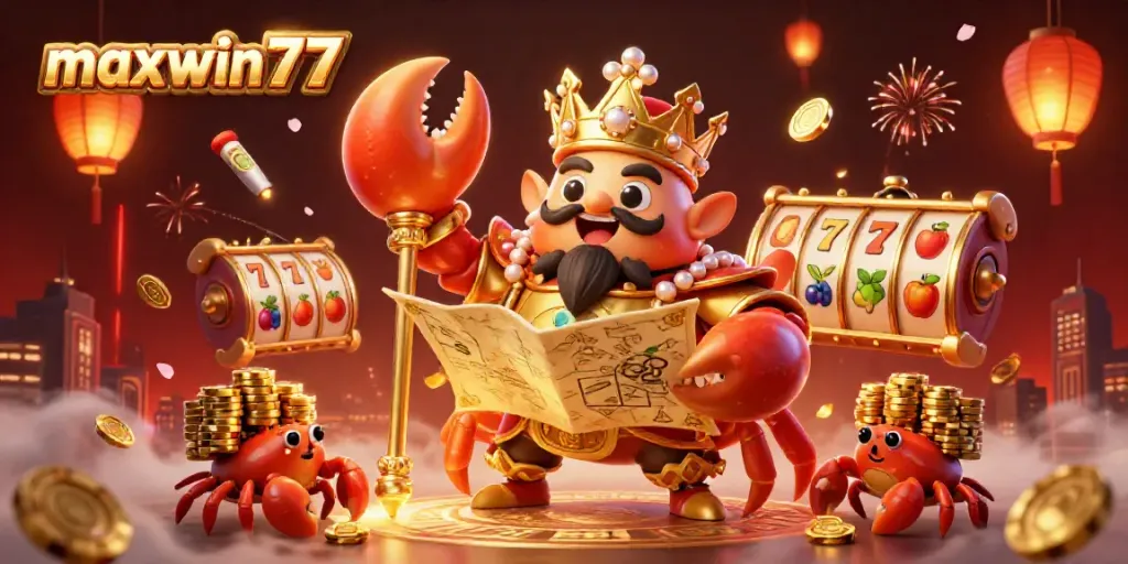 Experience maxwin77 with a dynamic casino-themed illustration featuring a golden crab and game elements.