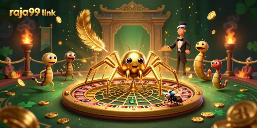 Engage with the raja99 link through a lively 3D casino scene showcasing a spider, fly, and centipede.
