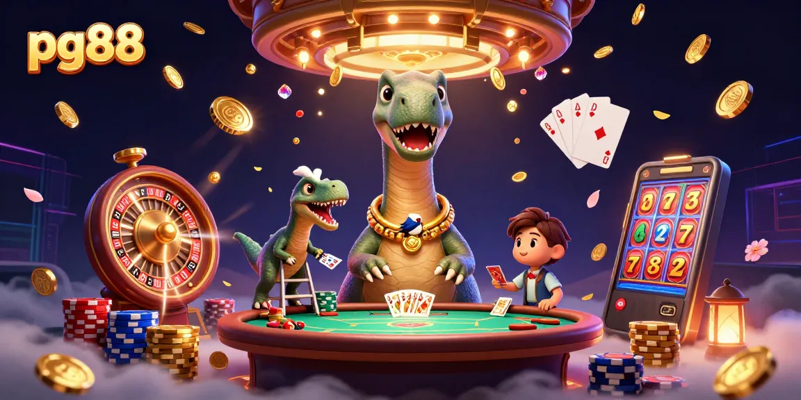Experience the excitement at pg88, where a towering brontosaurus watches a raptor deal cards in this vibrant casino scene.