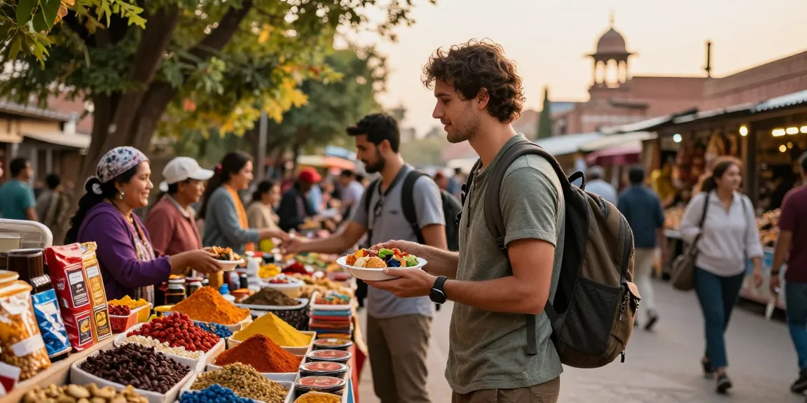 NAGA2000 traveler enjoying local cuisine in vibrant cultural market.