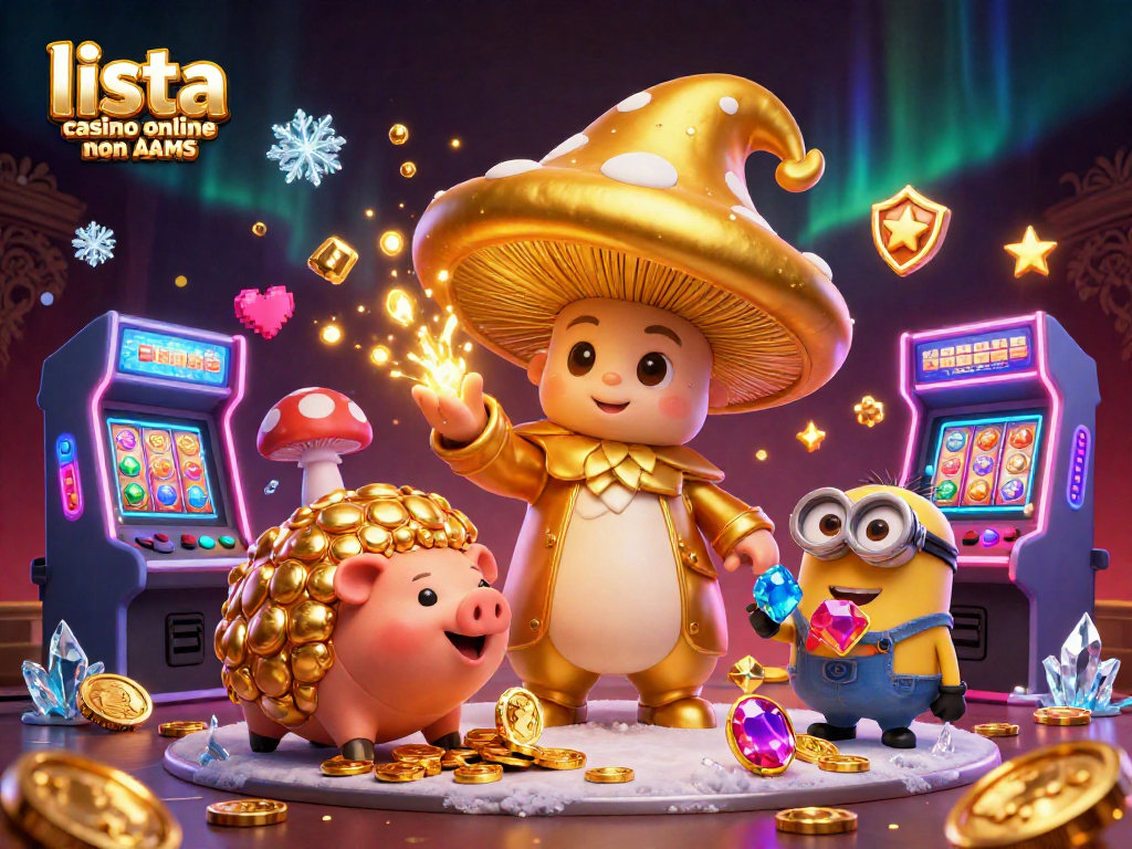Esplora la lista casino online non AAMS con un'illustrazione 3D di un mago dorato che trasforma tutto in oro, circondato da macchine arcade e rulli della slot.