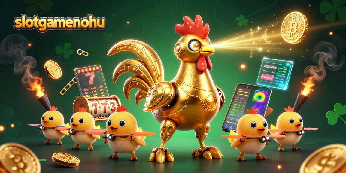 Engage in thrilling gameplay at slotgamenohu with golden rooster robot and vibrant slot elements.